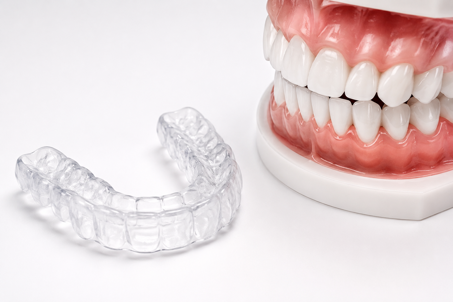 Clear dental nightguard beside a teeth model used to protect against teeth grinding and bruxism