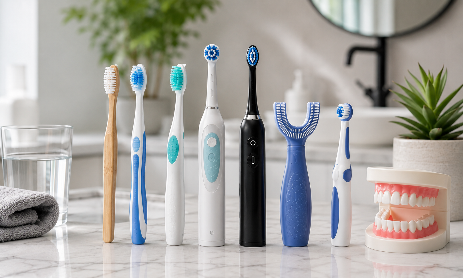 Different types of manual and electric toothbrushes displayed for oral hygiene and dental care routines