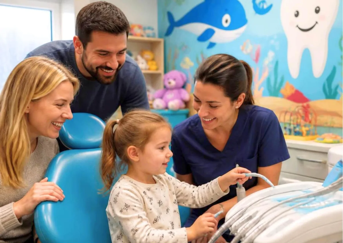 Child visiting a pediatric dental office with parents for an early dental appointment.