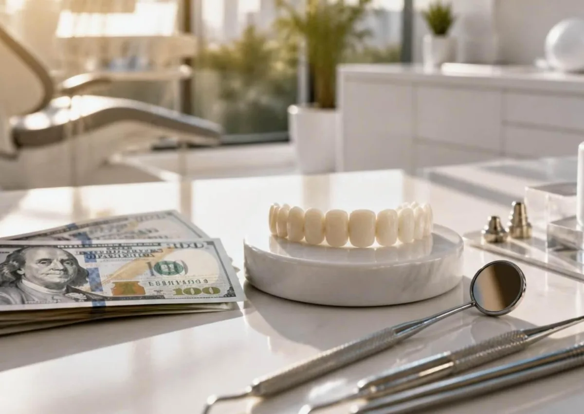 Dental veneers displayed beside cash and dental instruments, representing cosmetic dentistry costs and treatment expenses.